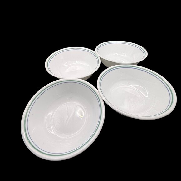 Corelle Vitrelle Country Cottage 4 White Cereal Bowls 6.25” Blue Green Striped - Picture 2 of 7